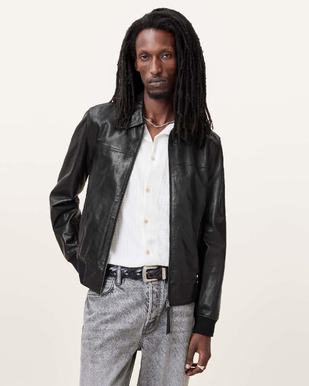 All Saints Gen Lightweight Slim Fit Leather Jacket Black