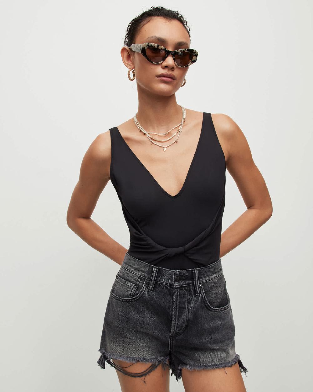 All Saints Georgia V-Neck Twisted Waist Swimsuit Black