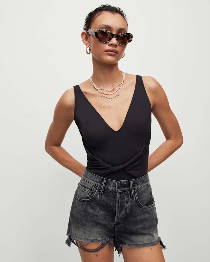 all saints Georgia V-Neck Twisted Waist Swimsuit Black