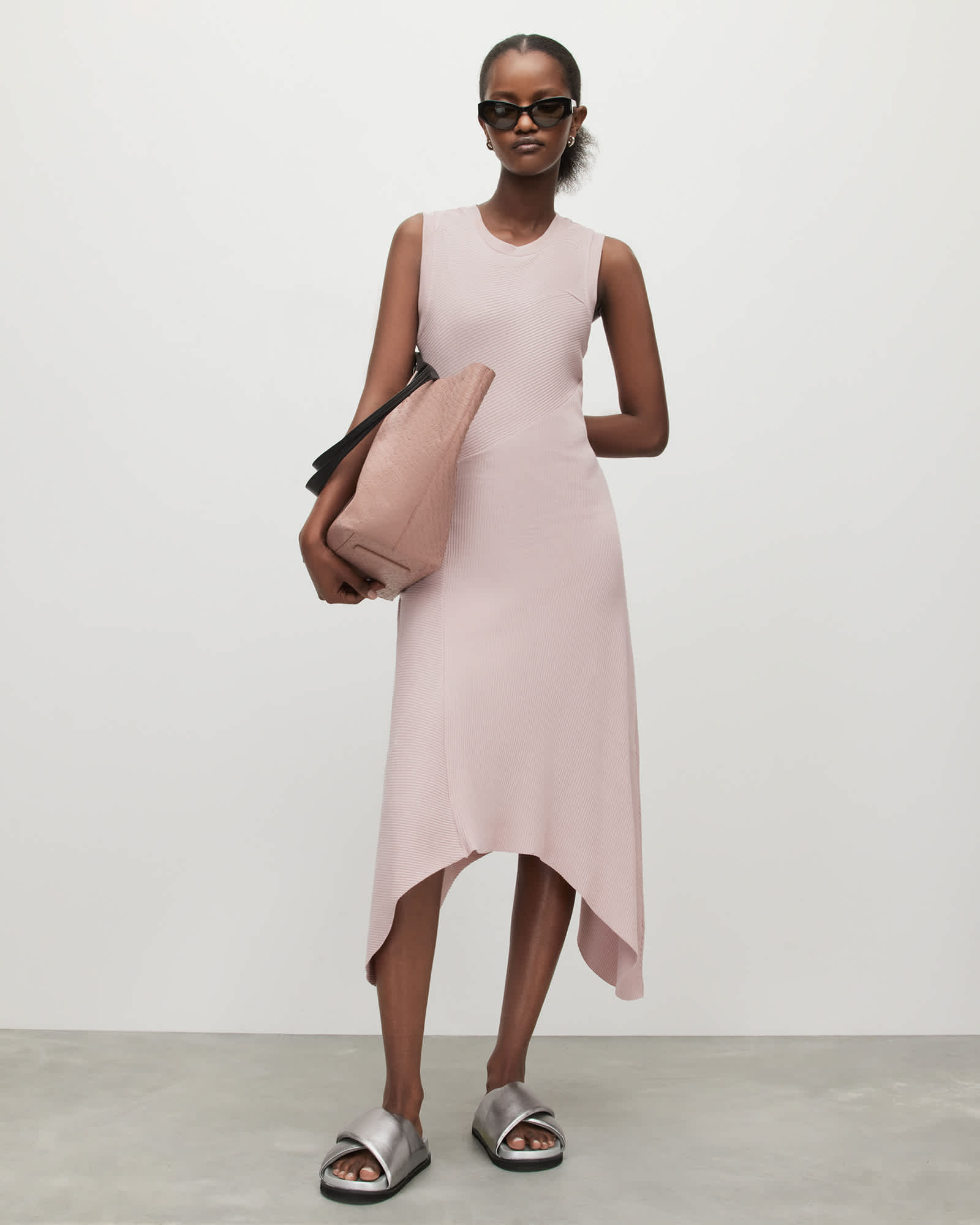 All Saints Gia Asymmetrical Ribbed Midi Dress Pale Orchid Pink