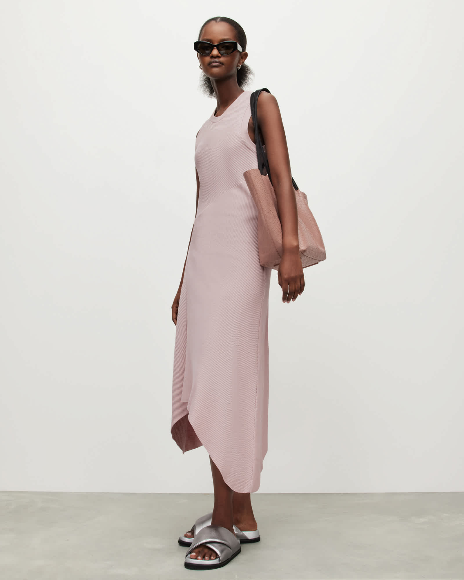 All Saints Gia Asymmetrical Ribbed Midi Dress Pale Orchid Pink