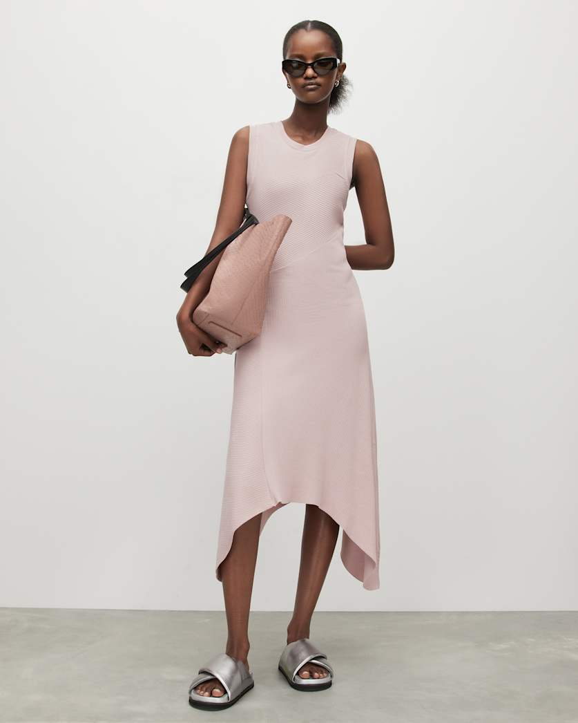 all saints Gia Asymmetrical Ribbed Midi Dress Pale Orchid Pink