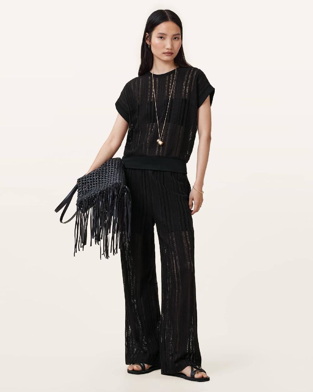 All Saints Giana Crochet Ladder Wide Leg Pants Black