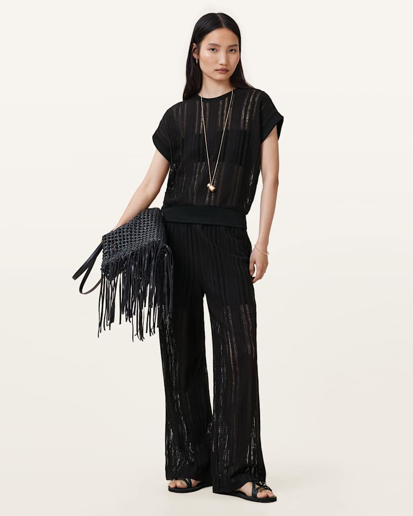 all saints Giana Crochet Ladder Wide Leg Pants Black