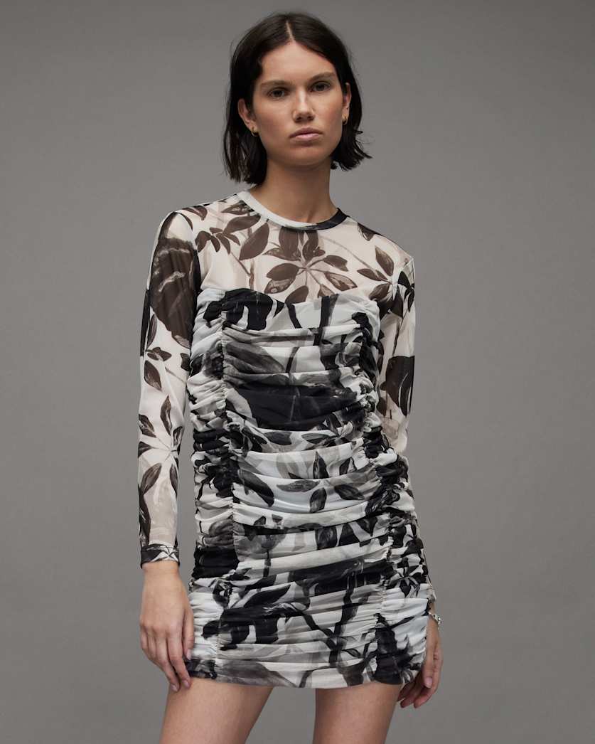 all saints Giorgia Jackie Floral Mesh Dress Ecru White