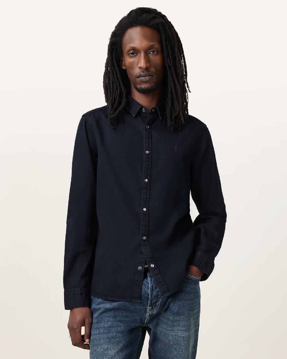 All Saints Gleason Press Stud Ramskull Denim Shirt Blue Black