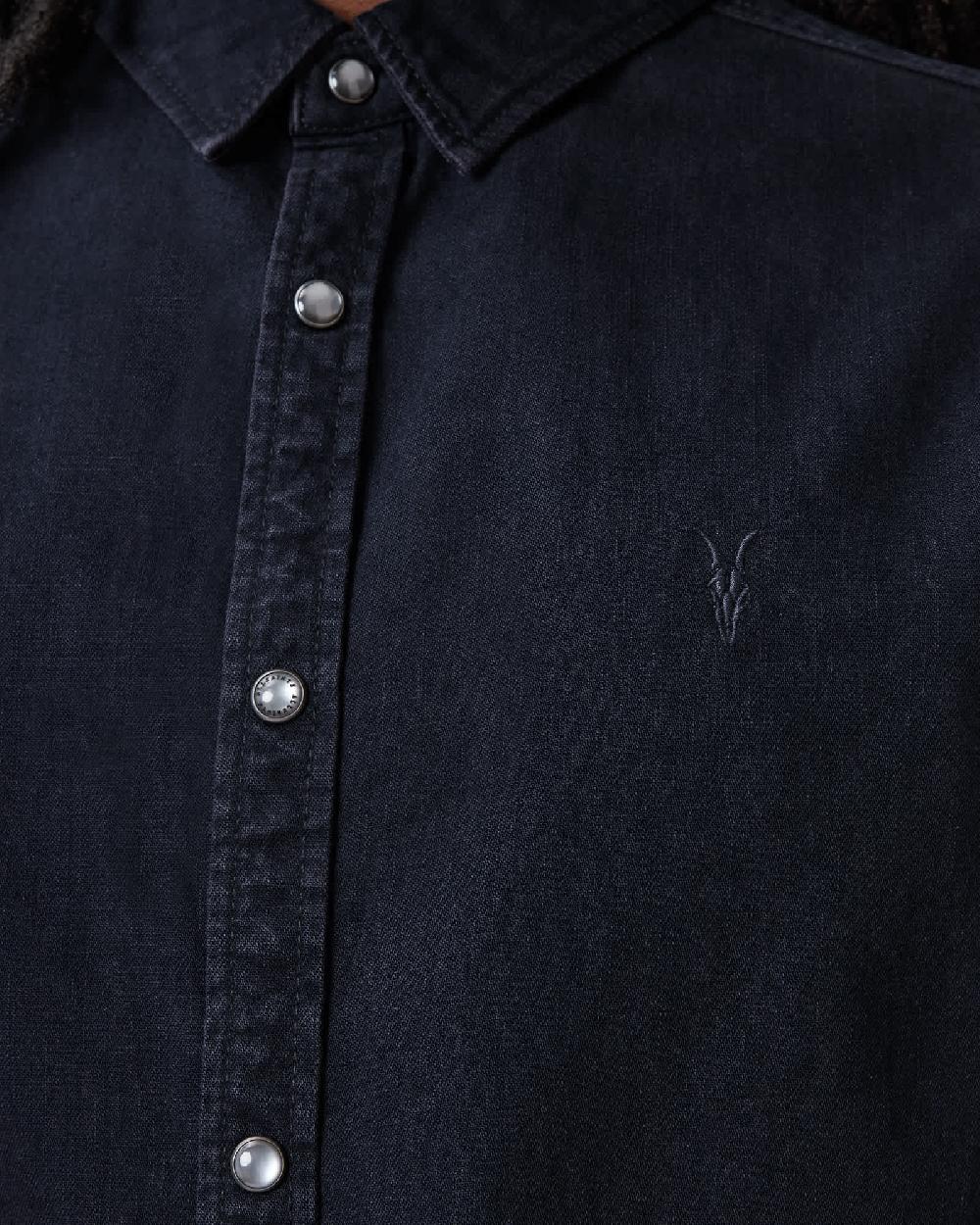 All Saints Gleason Press Stud Ramskull Denim Shirt Blue Black