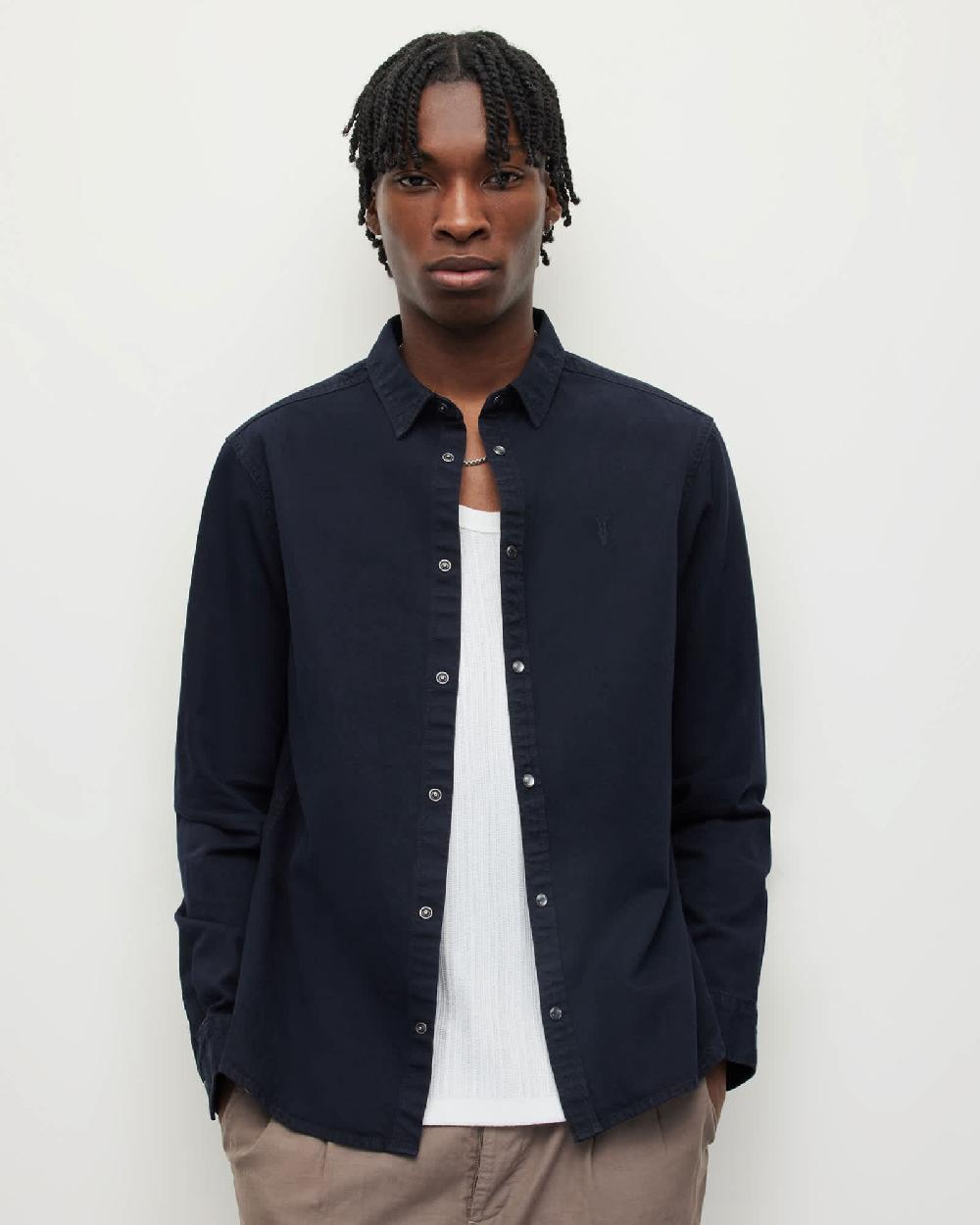 All Saints Gleason Press Stud Ramskull Denim Shirt Blue Black