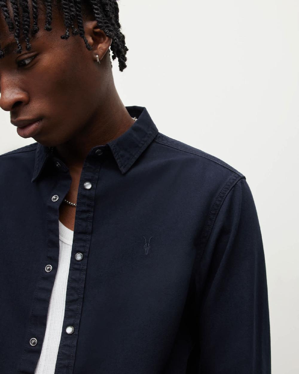 All Saints Gleason Press Stud Ramskull Denim Shirt Blue Black