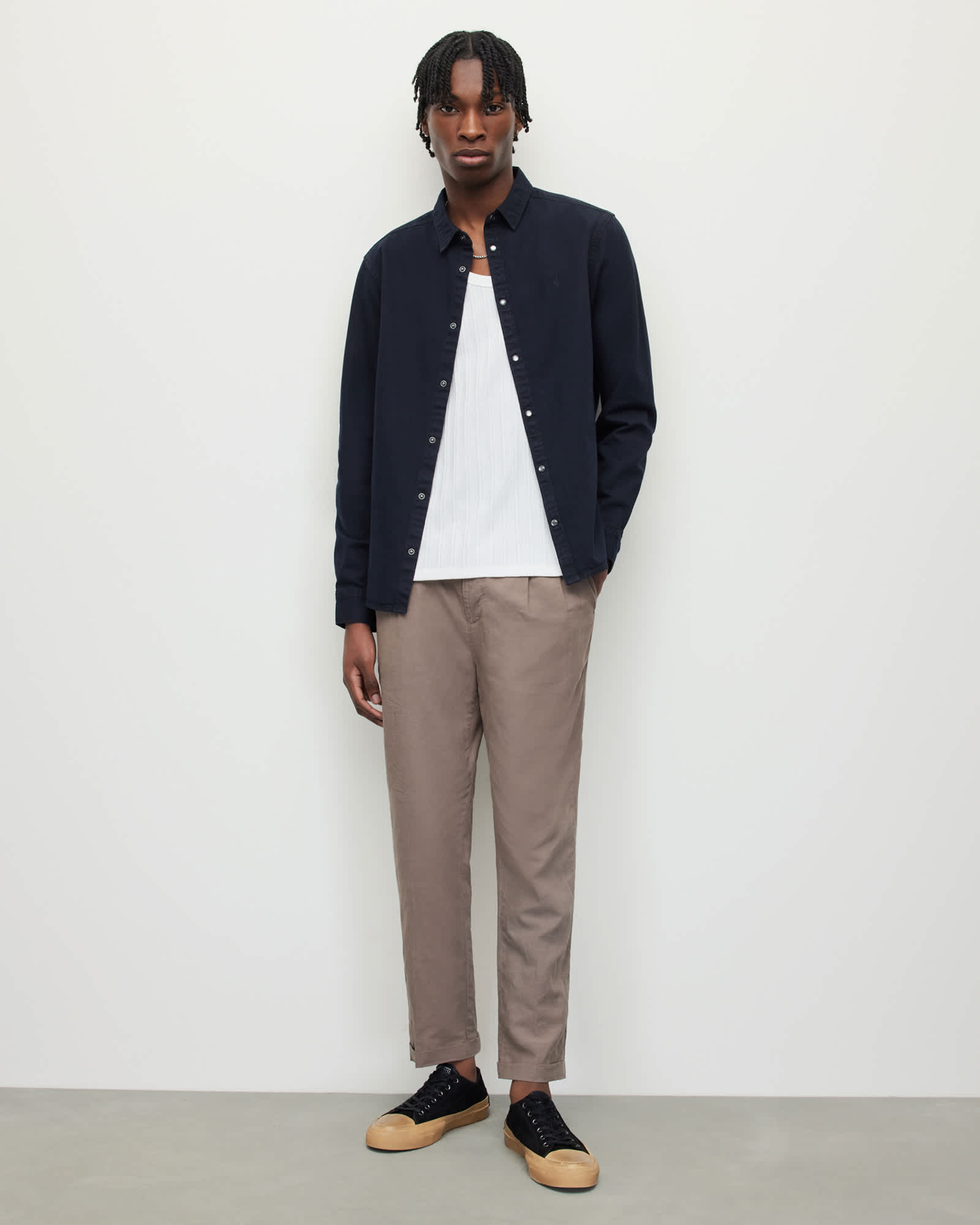 All Saints Gleason Press Stud Ramskull Denim Shirt Blue Black