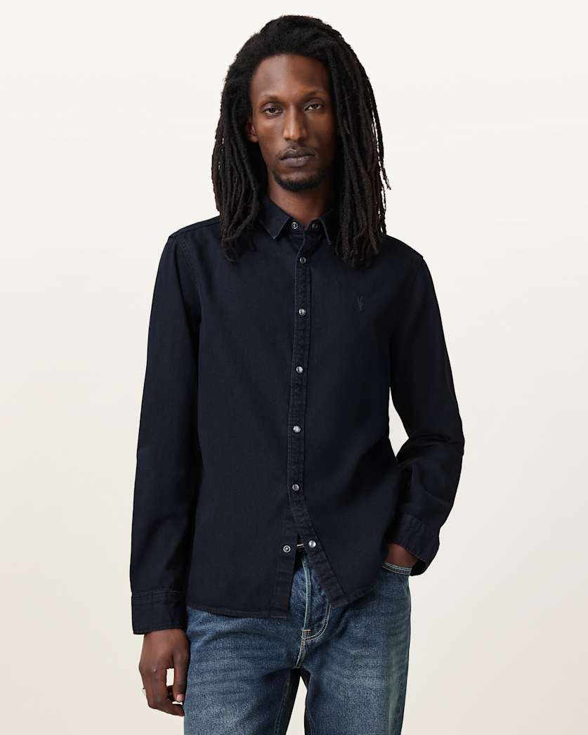 all saints Gleason Press Stud Ramskull Denim Shirt Blue Black