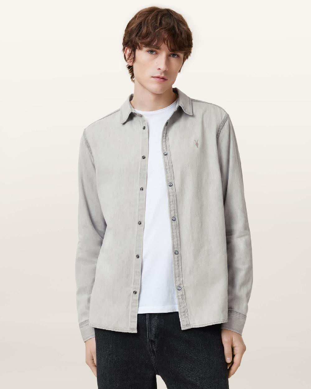 All Saints Gleason Press Stud Ramskull Denim Shirt Grey