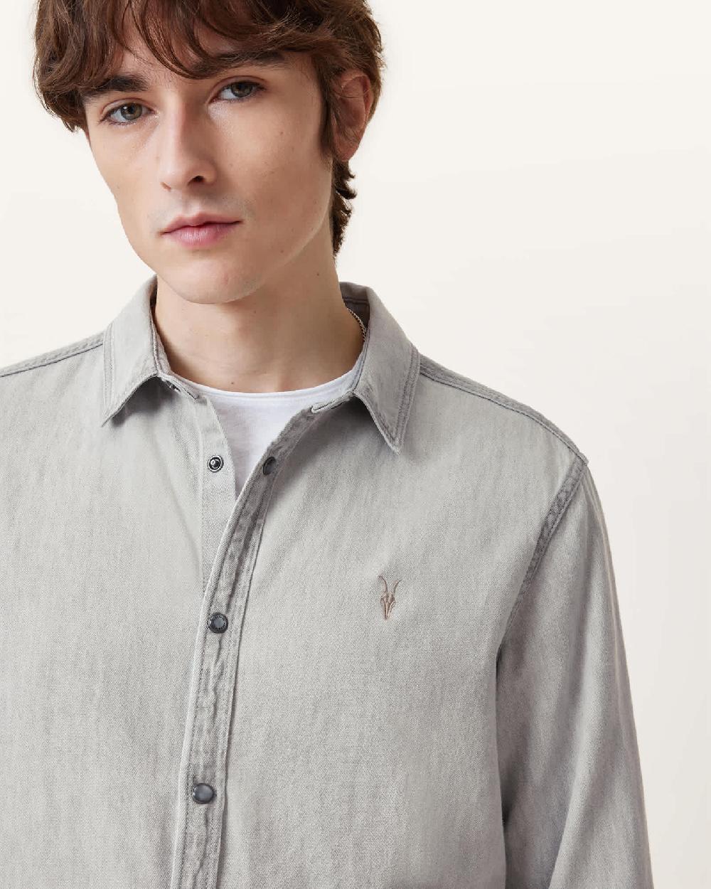 All Saints Gleason Press Stud Ramskull Denim Shirt Grey