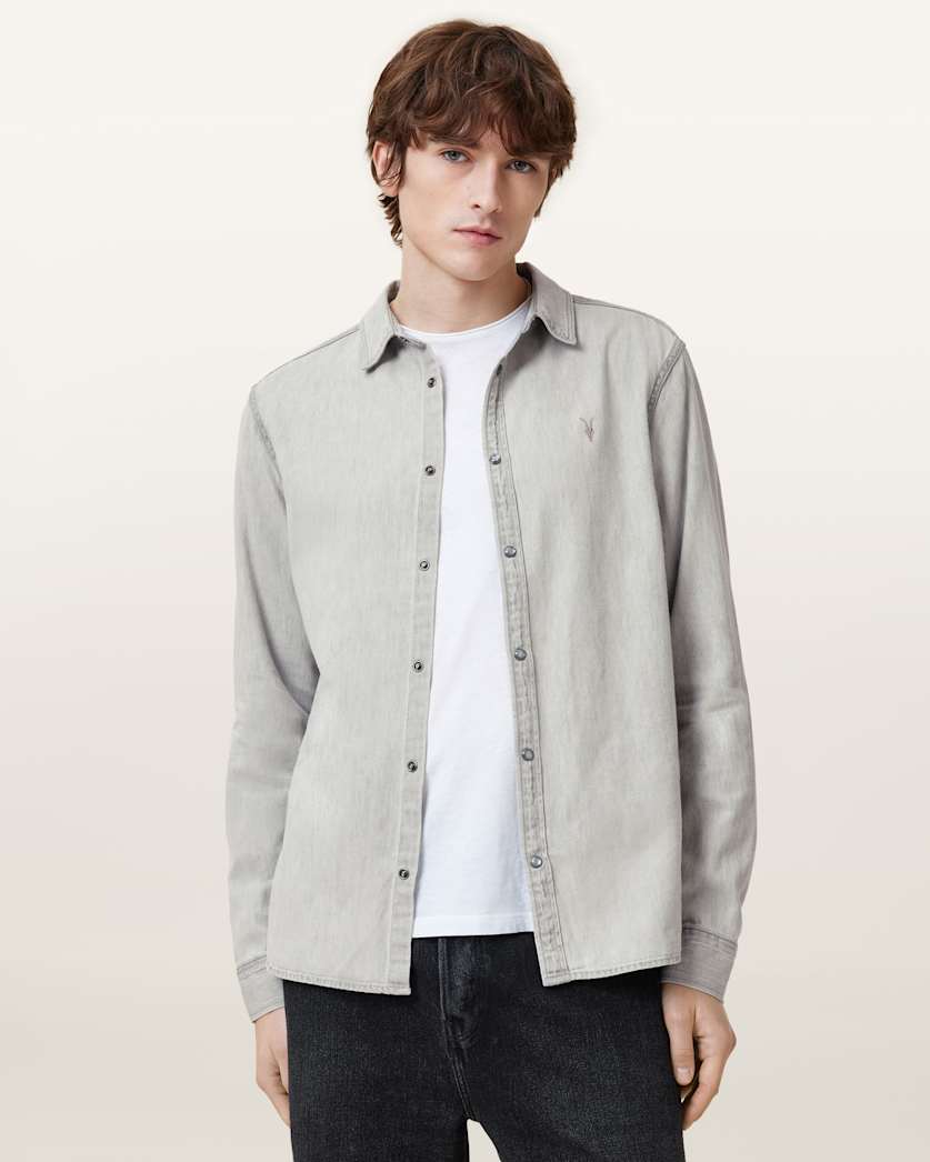 all saints Gleason Press Stud Ramskull Denim Shirt Grey