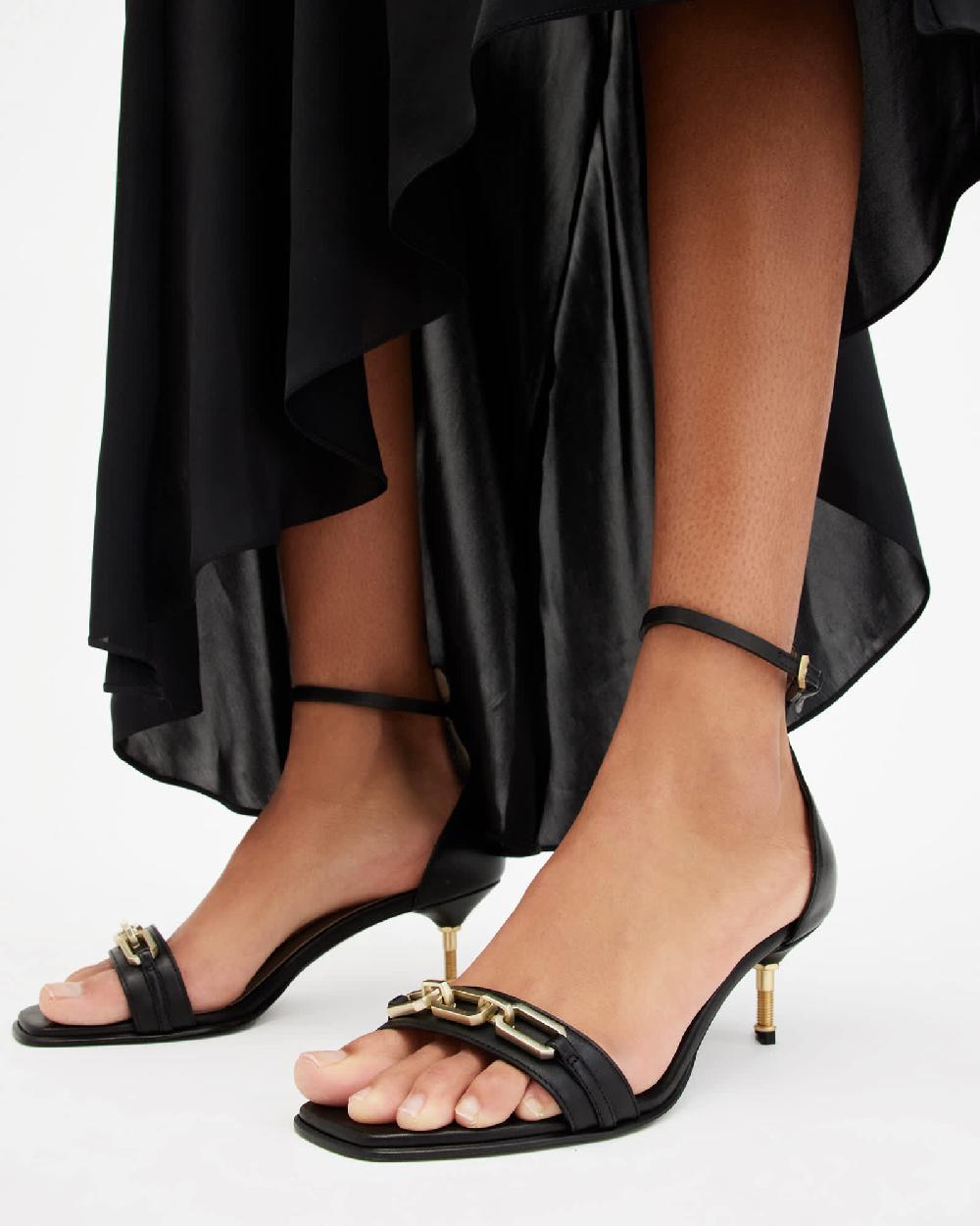 All Saints Gloria Chain Strap Leather Heel Sandals Black