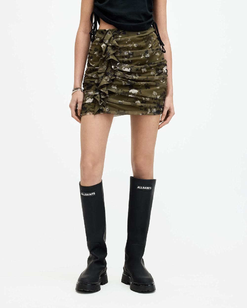 All Saints Gloria Mesh Floral Print Kora Mini Skirt Khaki Green