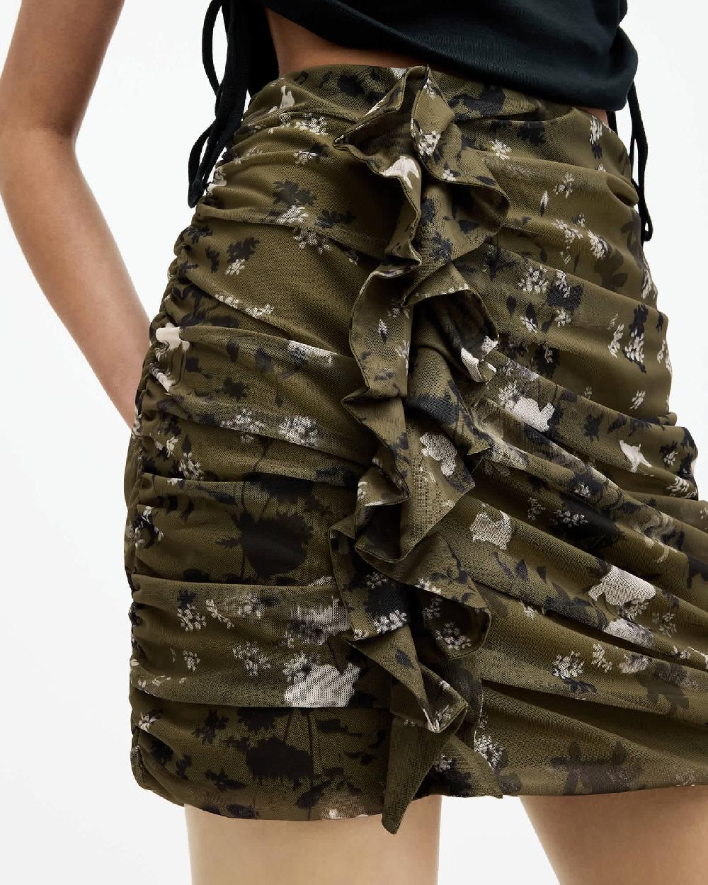 All Saints Gloria Mesh Floral Print Kora Mini Skirt Khaki Green