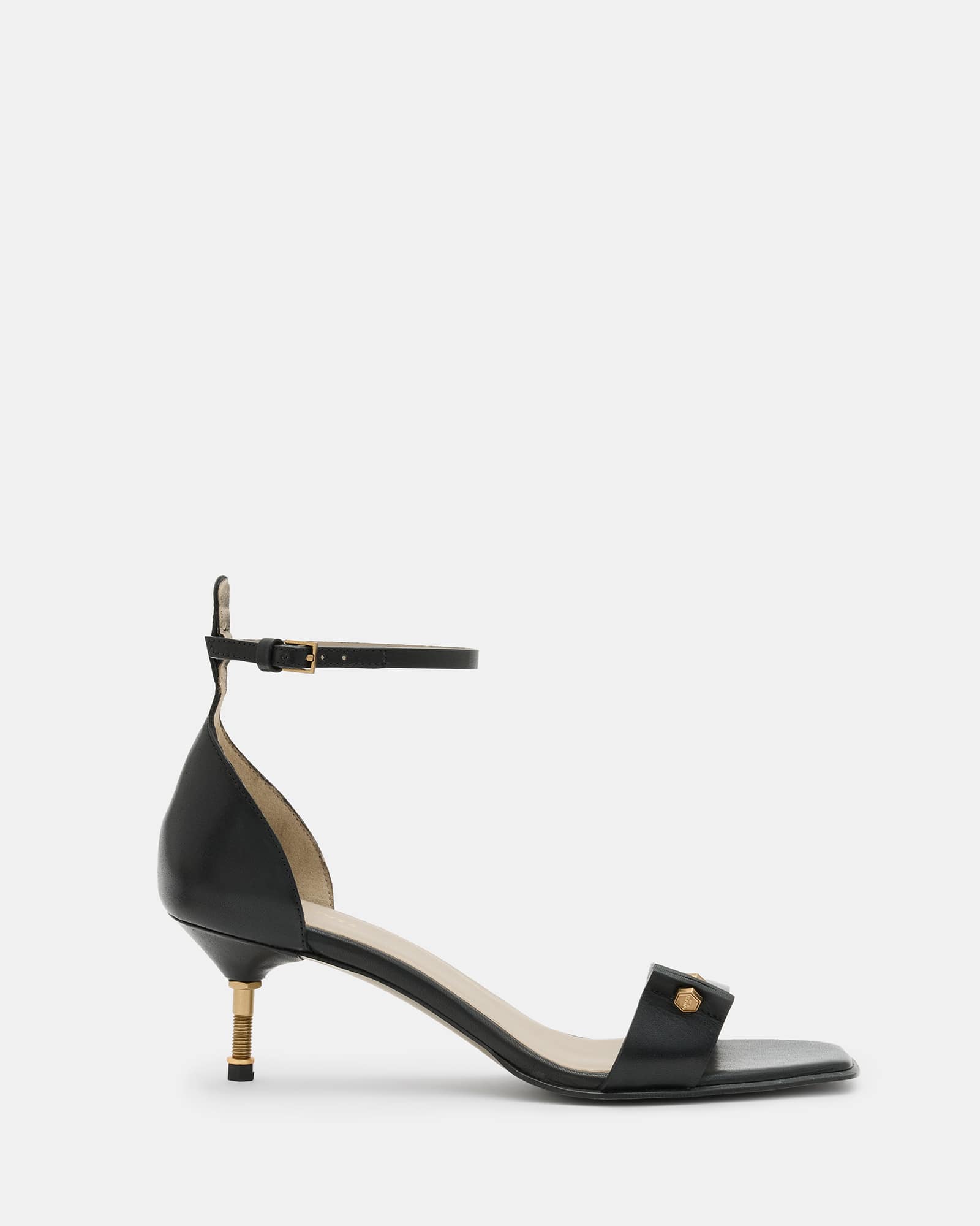 All Saints Gloria Screw Heeled Leather Sandals Black