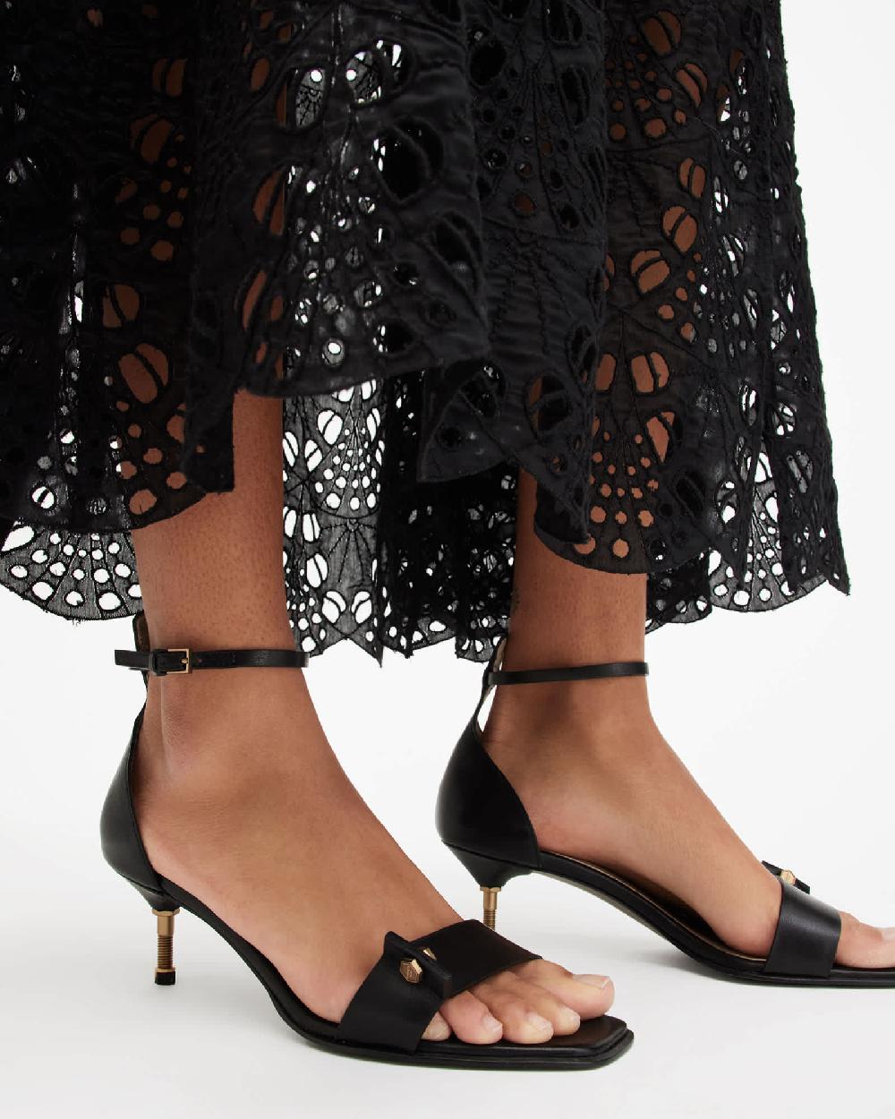 All Saints Gloria Screw Heeled Leather Sandals Black