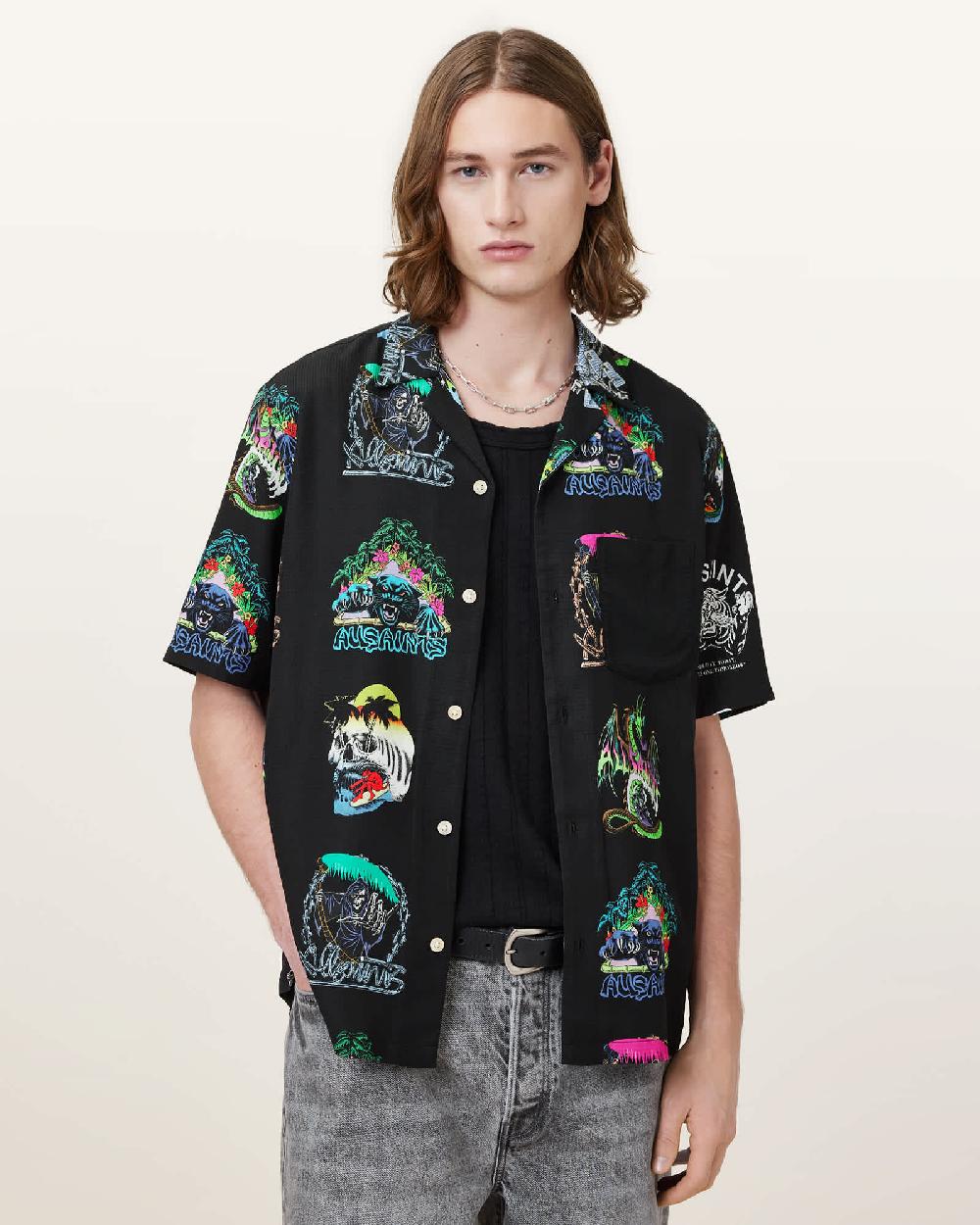 All Saints Gnar Relaxed Fit Hawaiian Shirt Jet Black