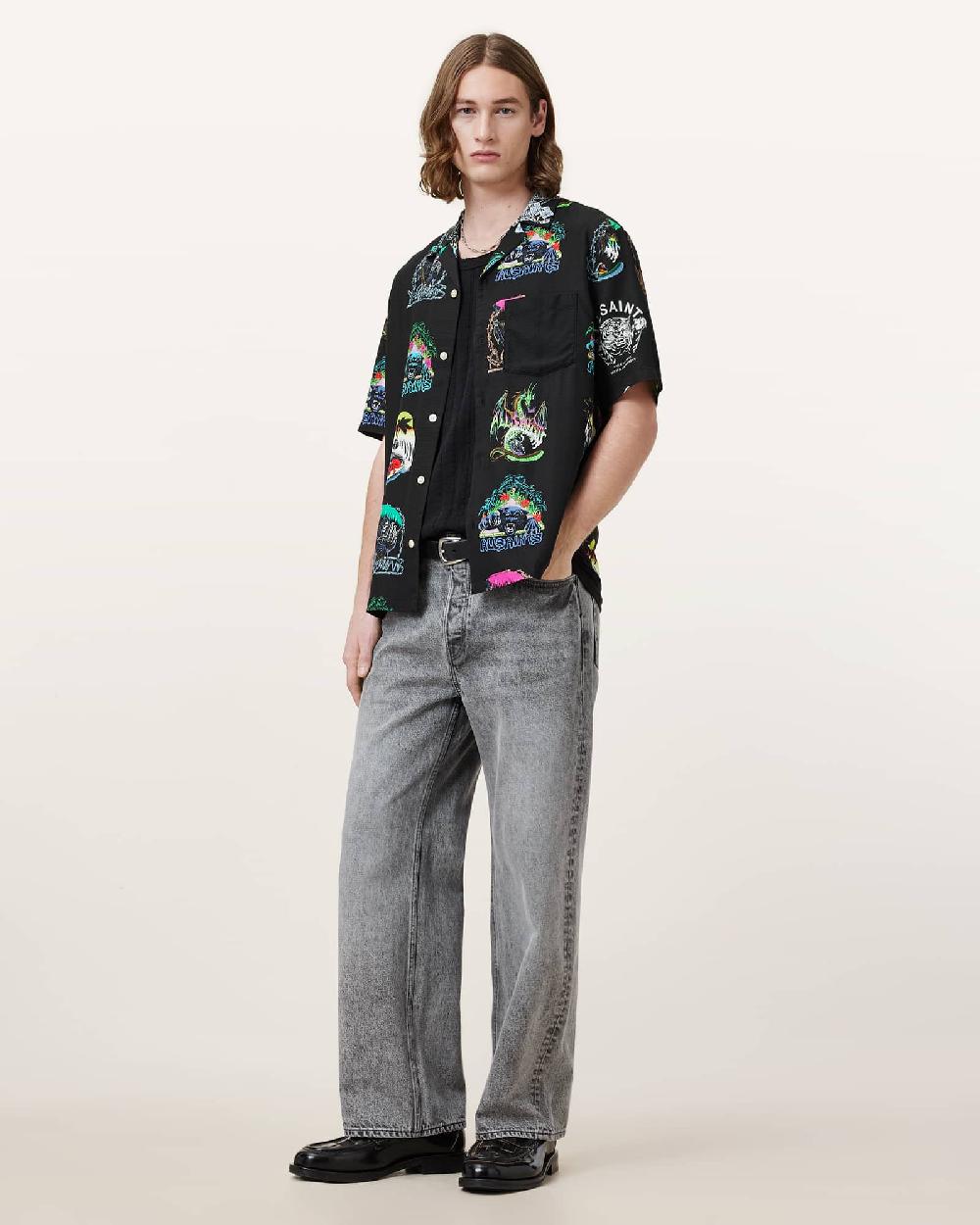 All Saints Gnar Relaxed Fit Hawaiian Shirt Jet Black