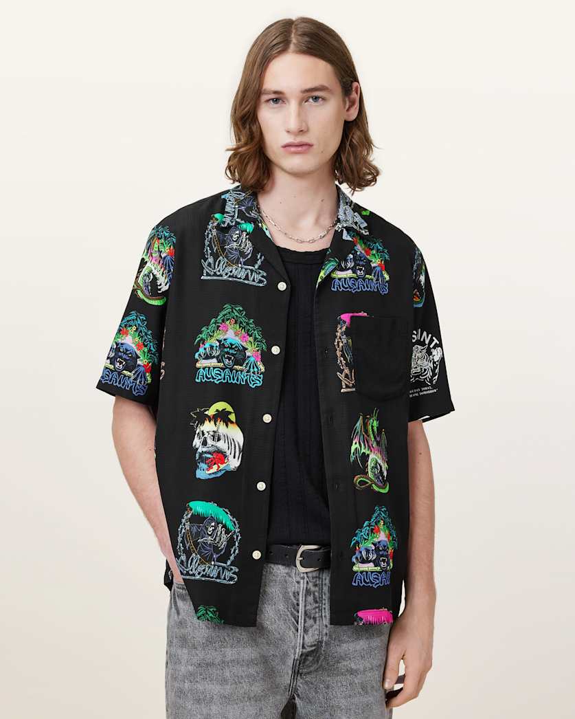 all saints Gnar Relaxed Fit Hawaiian Shirt Jet Black