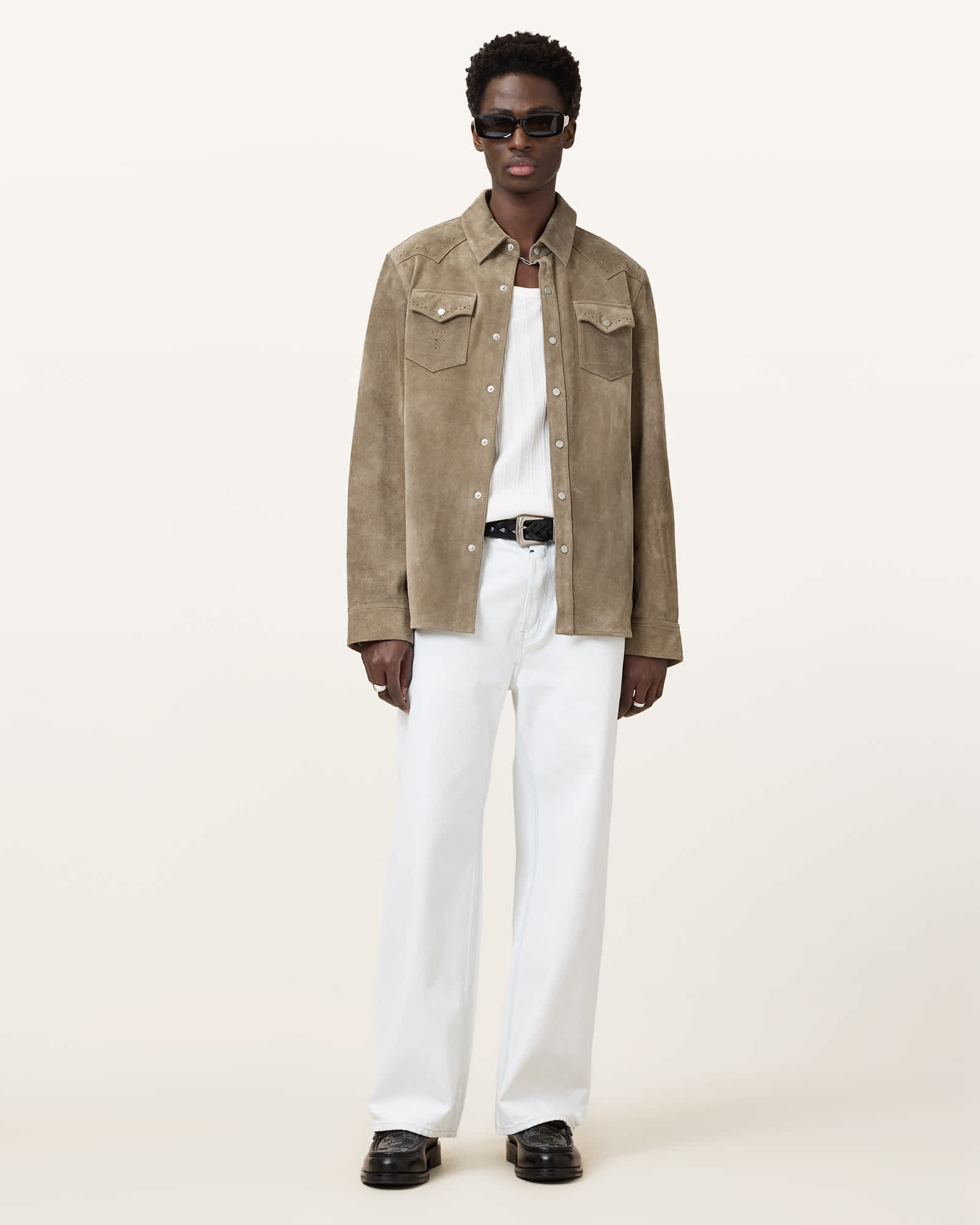 All Saints Goldendale Suede Western Shirt Barrel Brown