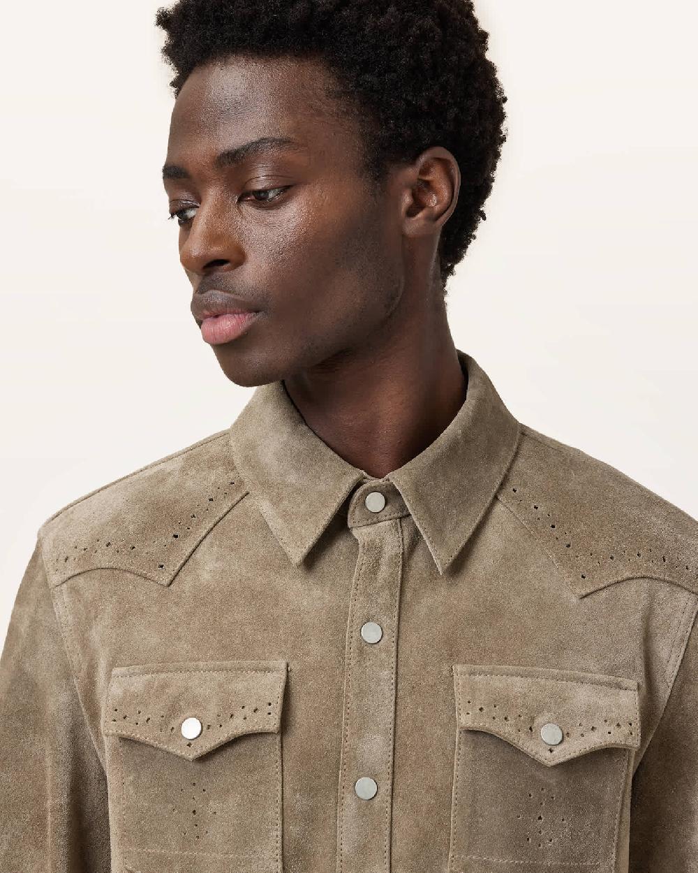 All Saints Goldendale Suede Western Shirt Barrel Brown