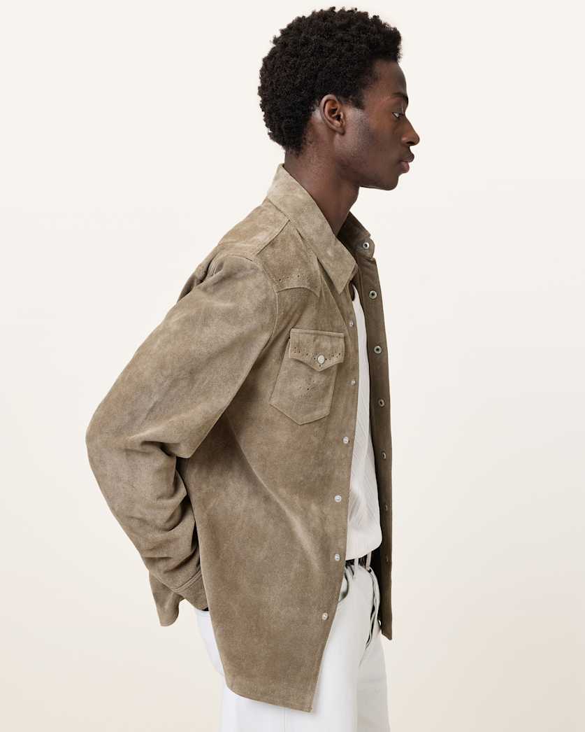 all saints Goldendale Suede Western Shirt Barrel Brown