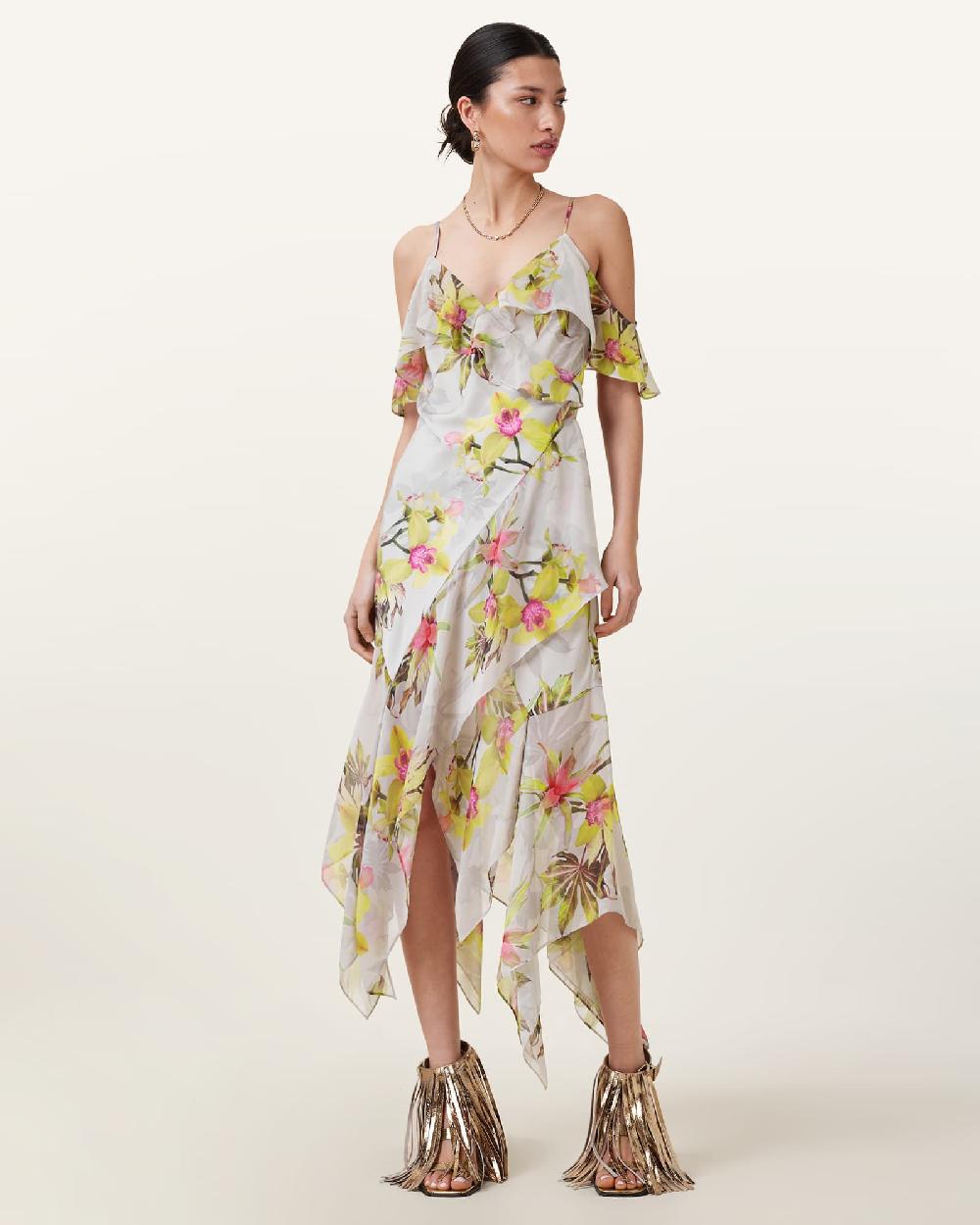 All Saints Grace Floral Print Midi Dress Adena Soft Pink