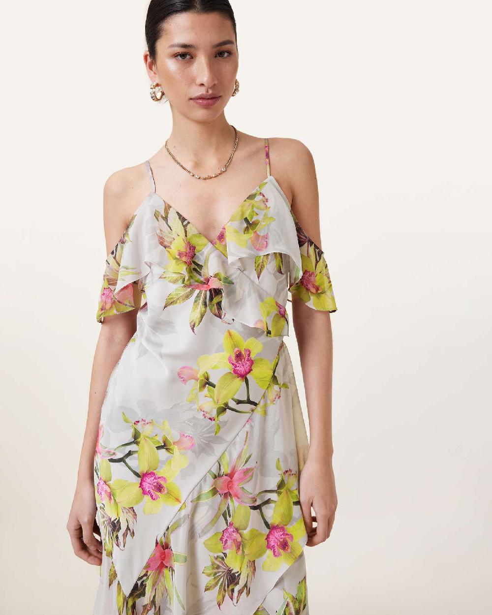 All Saints Grace Floral Print Midi Dress Adena Soft Pink