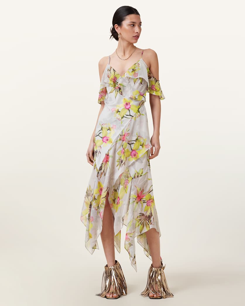 all saints Grace Floral Print Midi Dress Adena Soft Pink