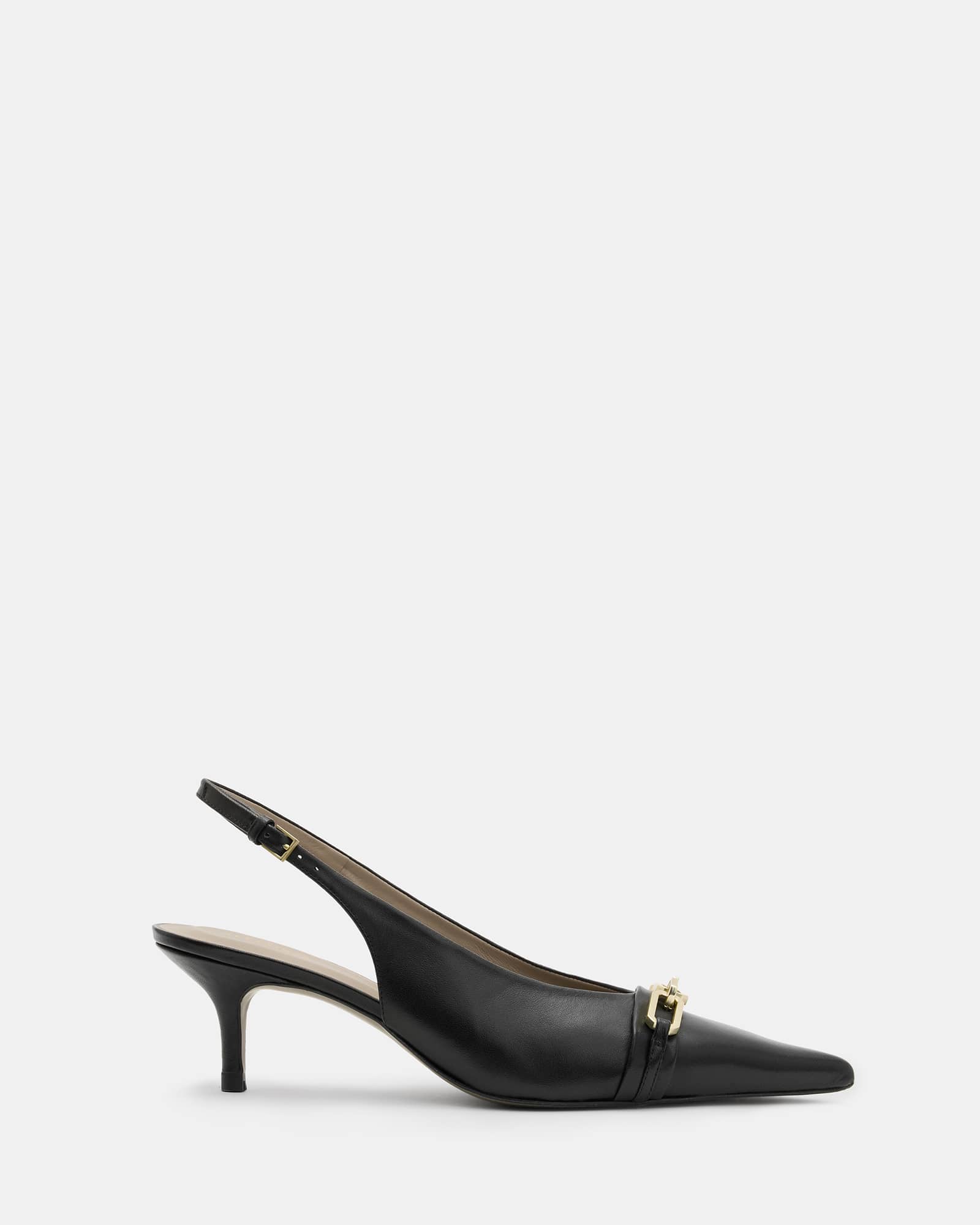 All Saints Grace Leather Chain Slingback Heels Black