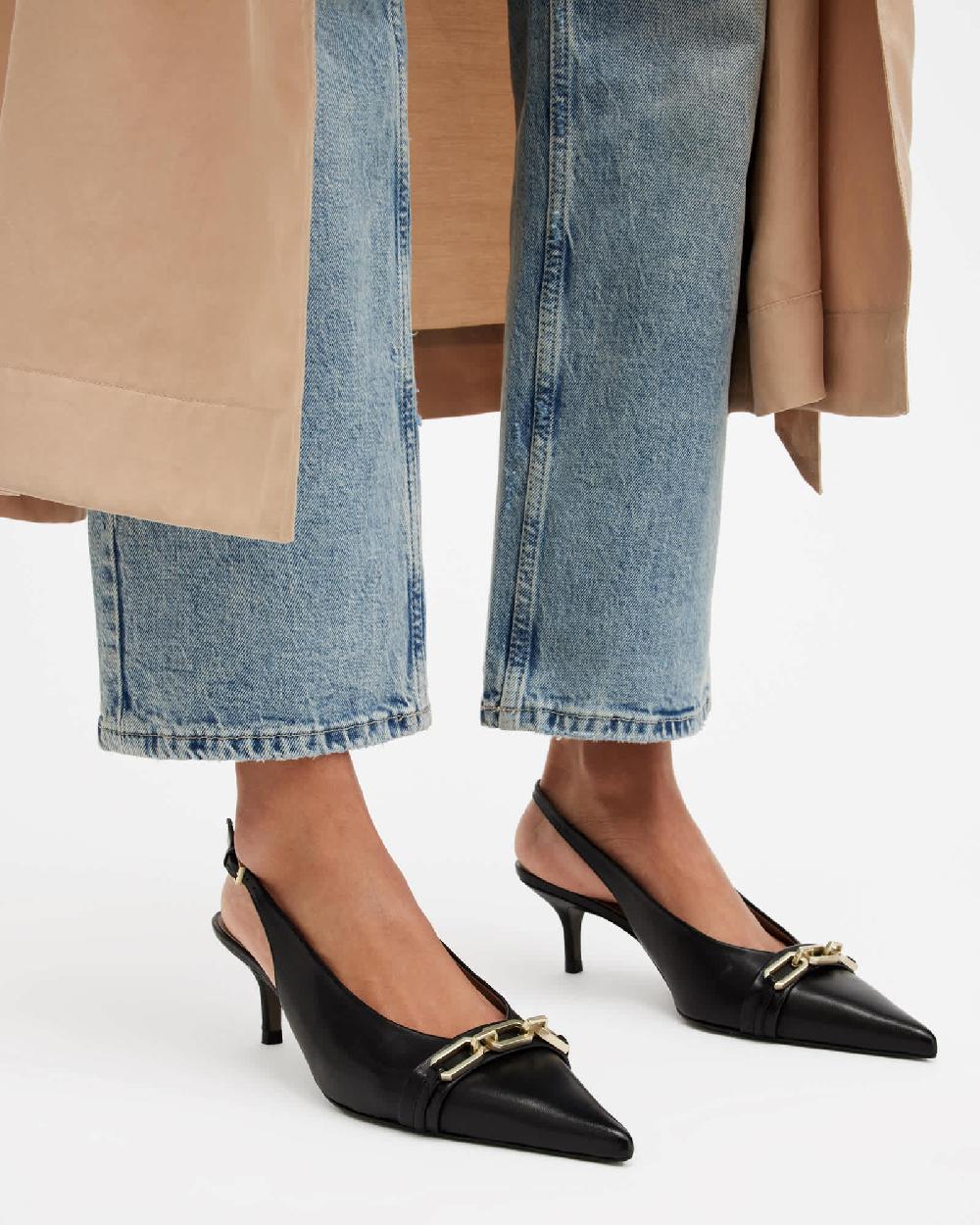 All Saints Grace Leather Chain Slingback Heels Black