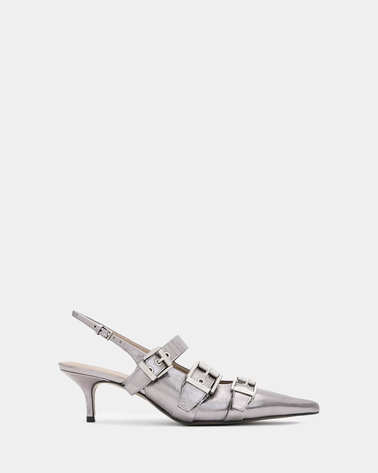 All Saints Grace Leather Chain Slingback Heels Gunmetal Grey