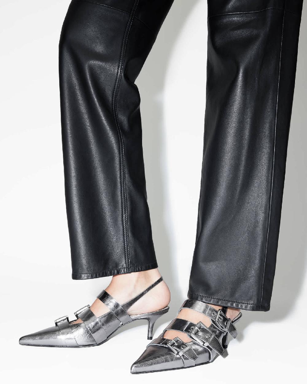 All Saints Grace Leather Chain Slingback Heels Gunmetal Grey