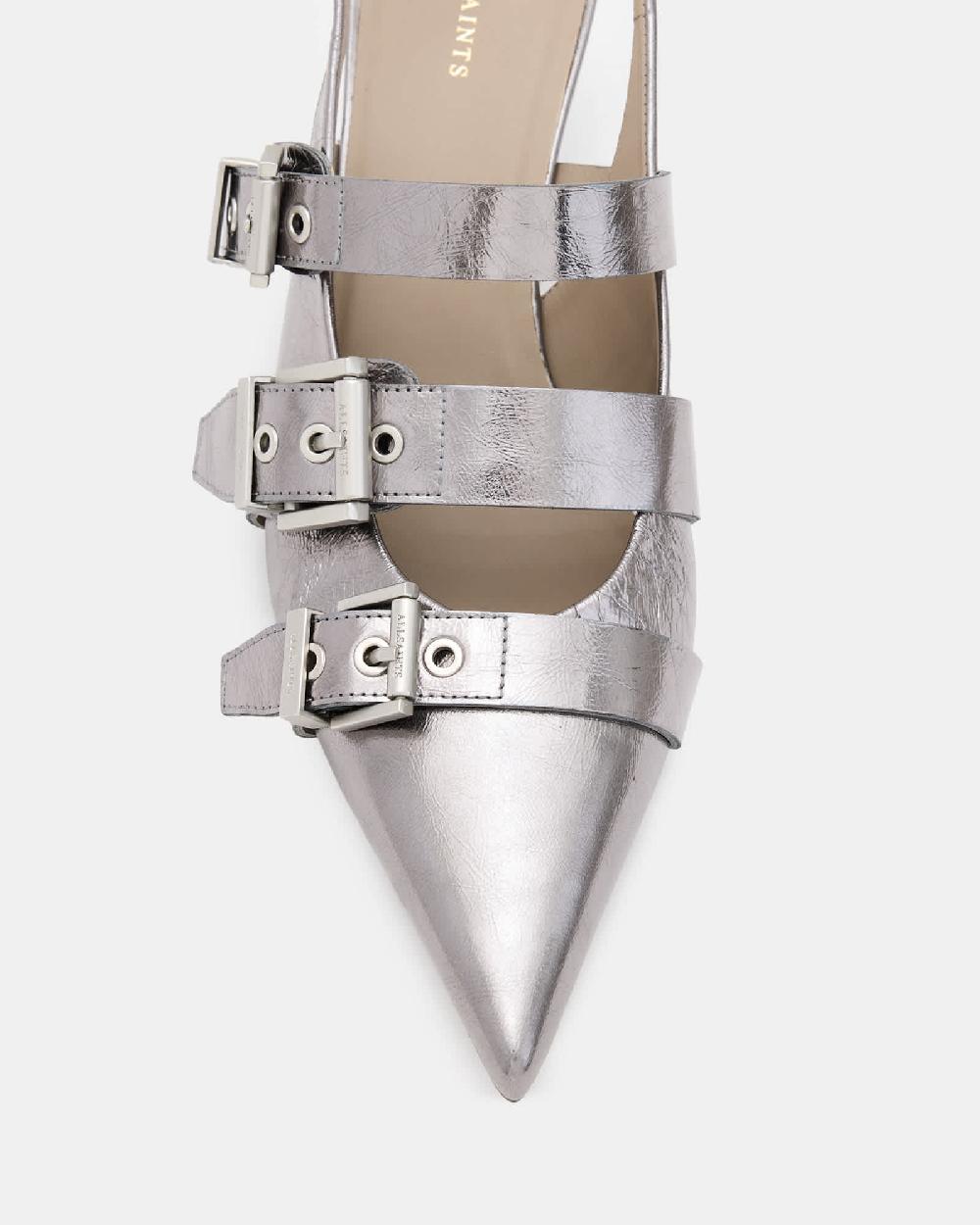 All Saints Grace Leather Chain Slingback Heels Gunmetal Grey