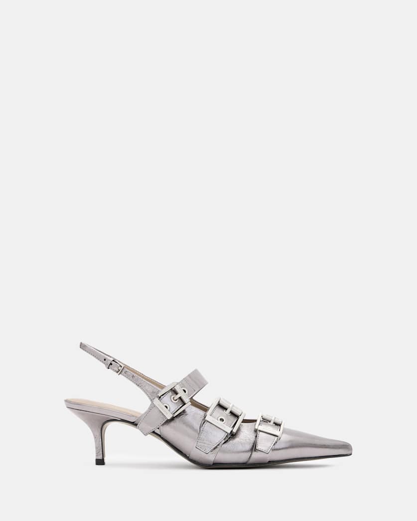 all saints Grace Leather Chain Slingback Heels Gunmetal Grey