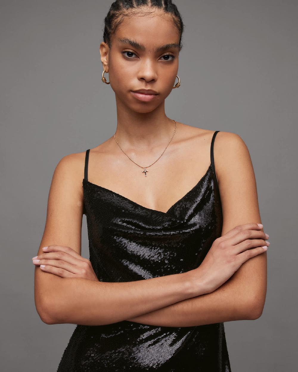 All Saints Haddi Cowl Neck Sequin Mini Slip Dress Black