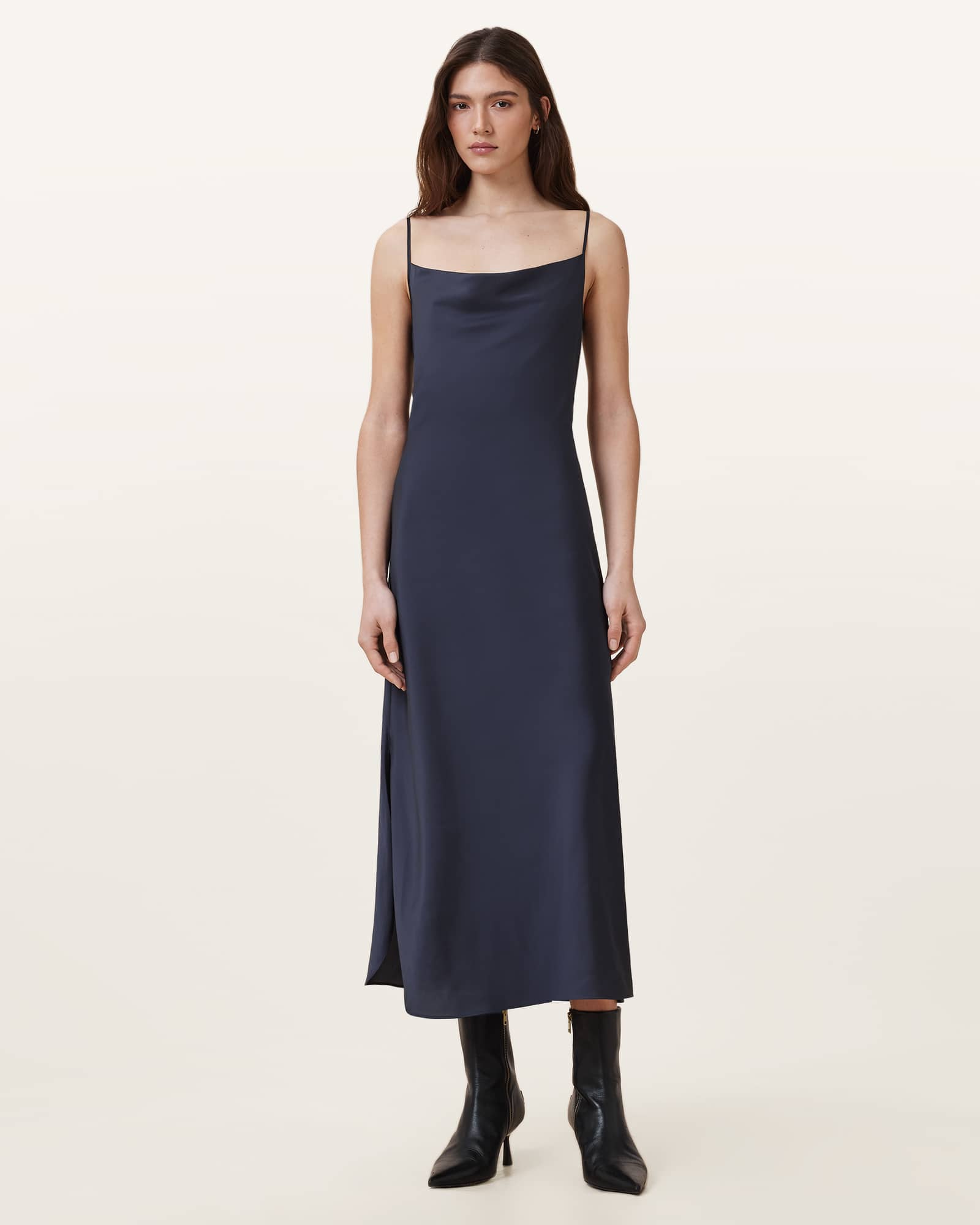 All Saints Hadley Cowl Neck Midi Slip Dress Blueberry Blue