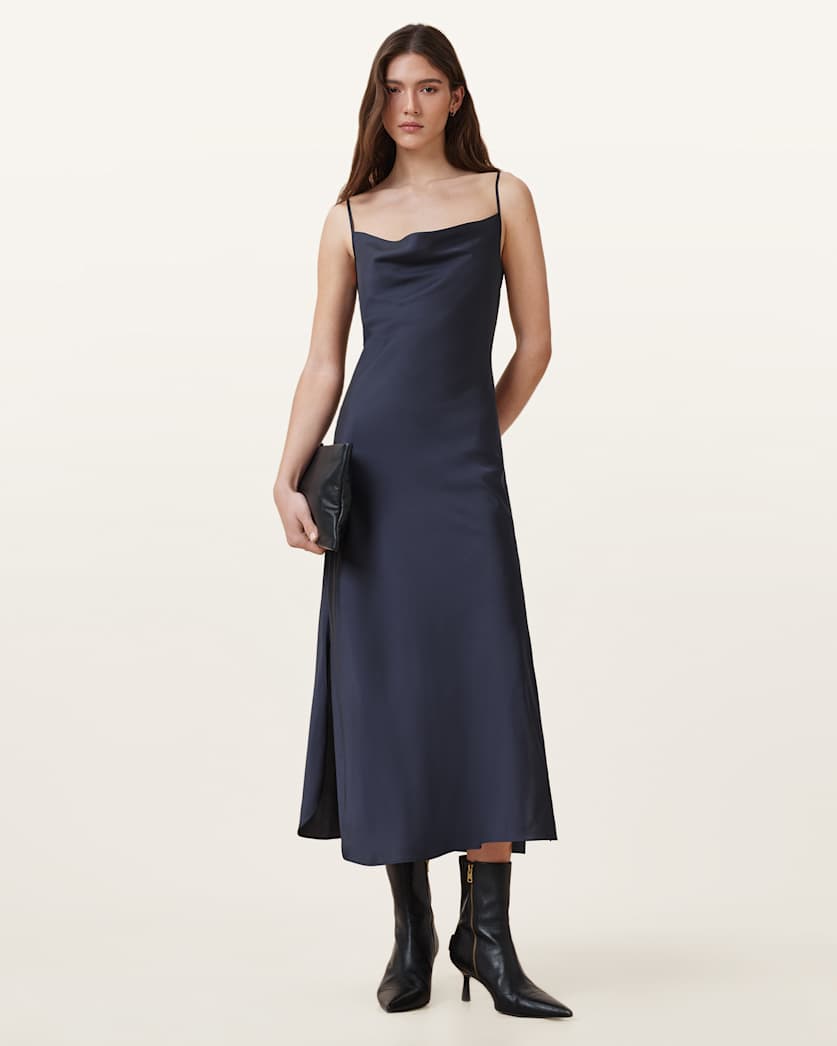 all saints Hadley Cowl Neck Midi Slip Dress Blueberry Blue