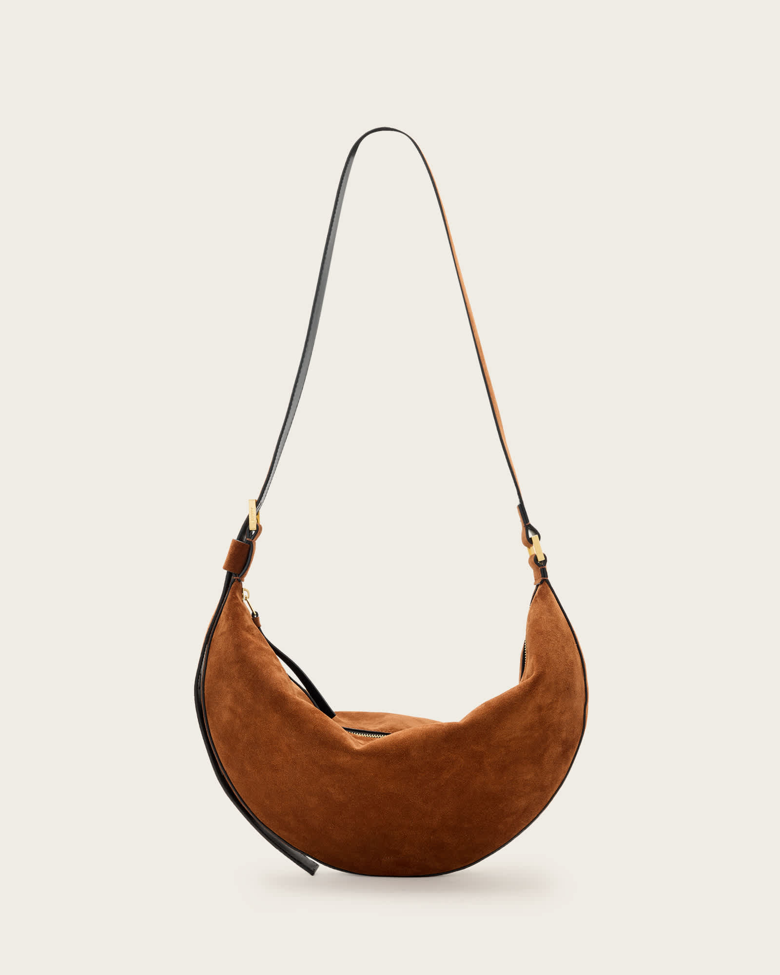 All Saints Half Moon Large Suede Crossbody Bag Cognac Brown