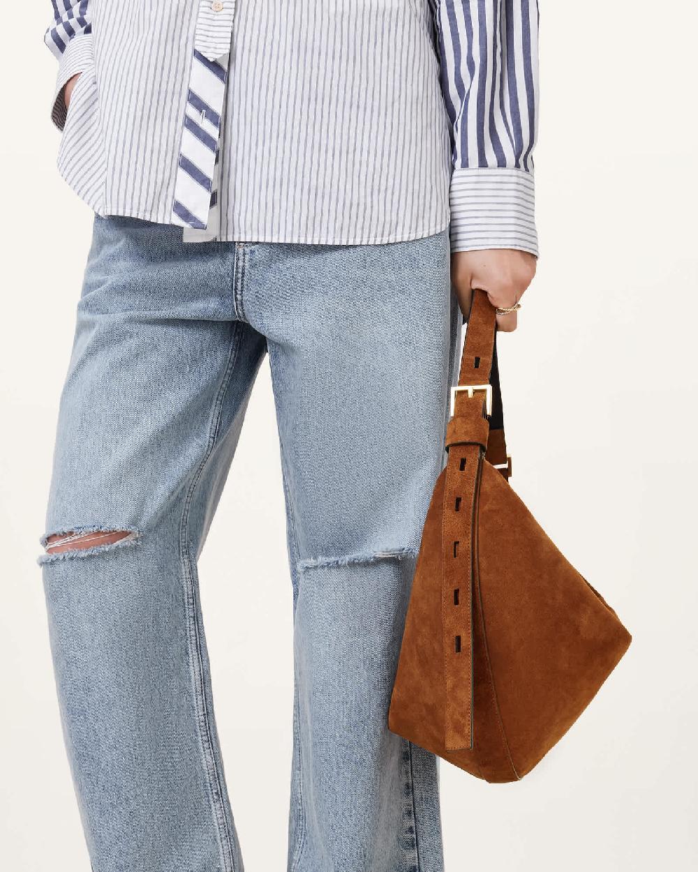 All Saints Half Moon Large Suede Crossbody Bag Cognac Brown