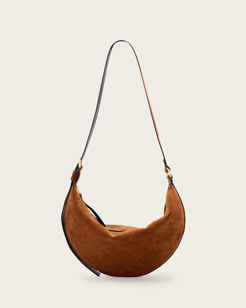 all saints Half Moon Large Suede Crossbody Bag Cognac Brown