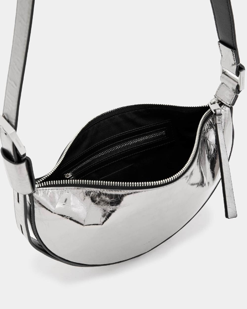 All Saints Half Moon Leather Crossbody Bag Gunmetal Grey