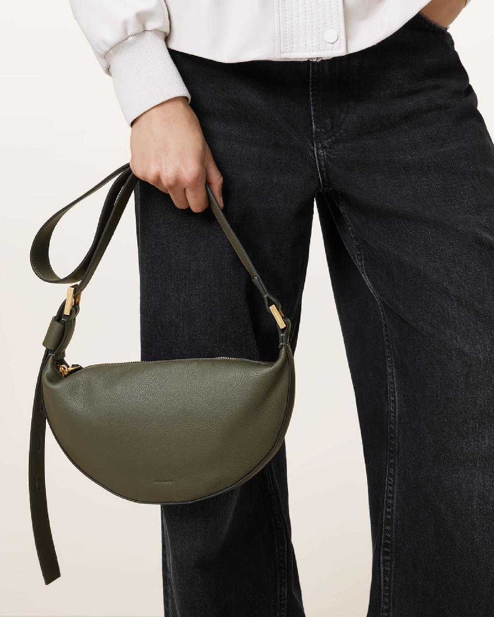 All Saints Half Moon Leather Crossbody Bag Military Green