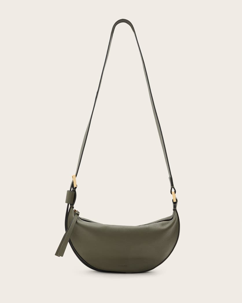 all saints Half Moon Leather Crossbody Bag Military Green