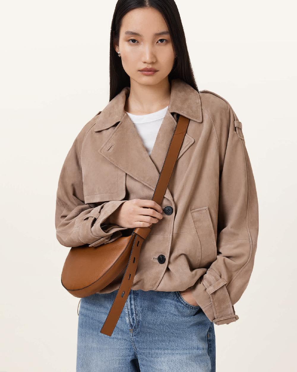 All Saints Half Moon Leather Crossbody Bag Sepia Brown