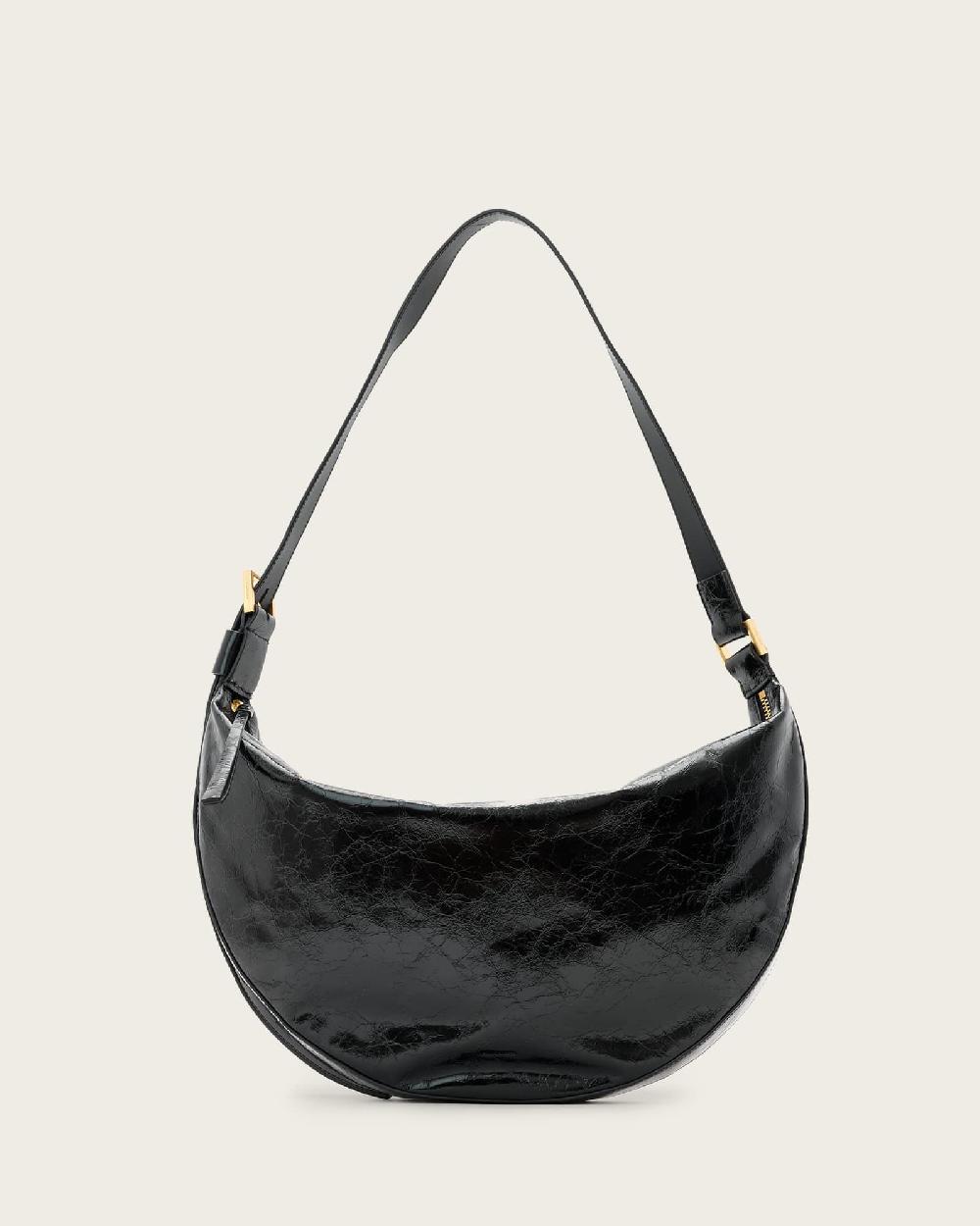 All Saints Half Moon Leather Shoulder Bag Black Shine