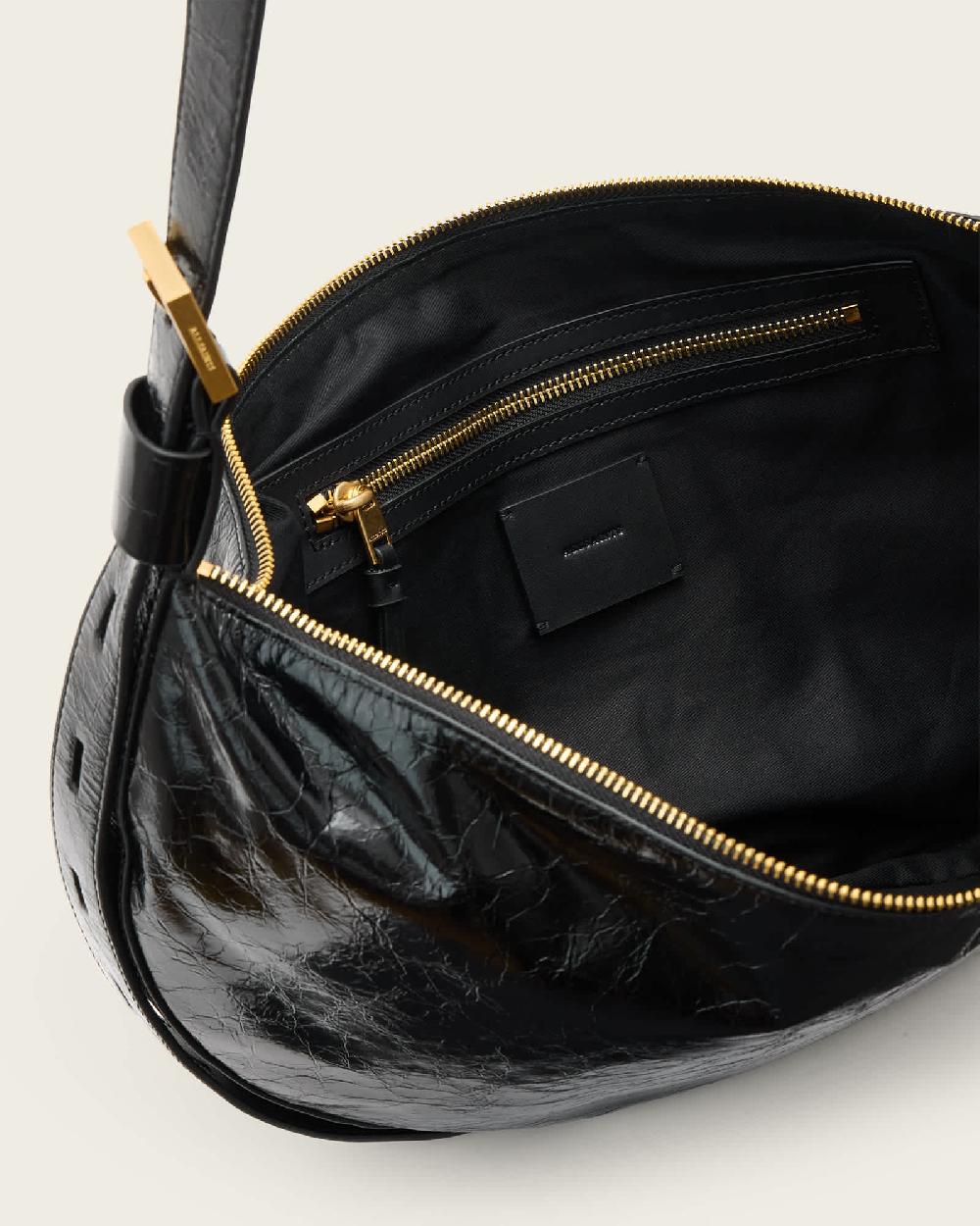 All Saints Half Moon Leather Shoulder Bag Black Shine